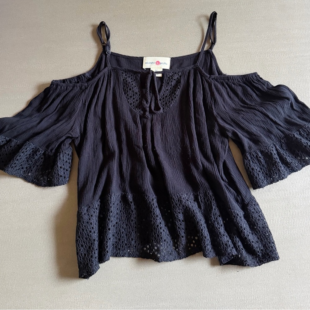 Wishful Park Black Cold Shoulder Crop Top With Lace Trim Size M